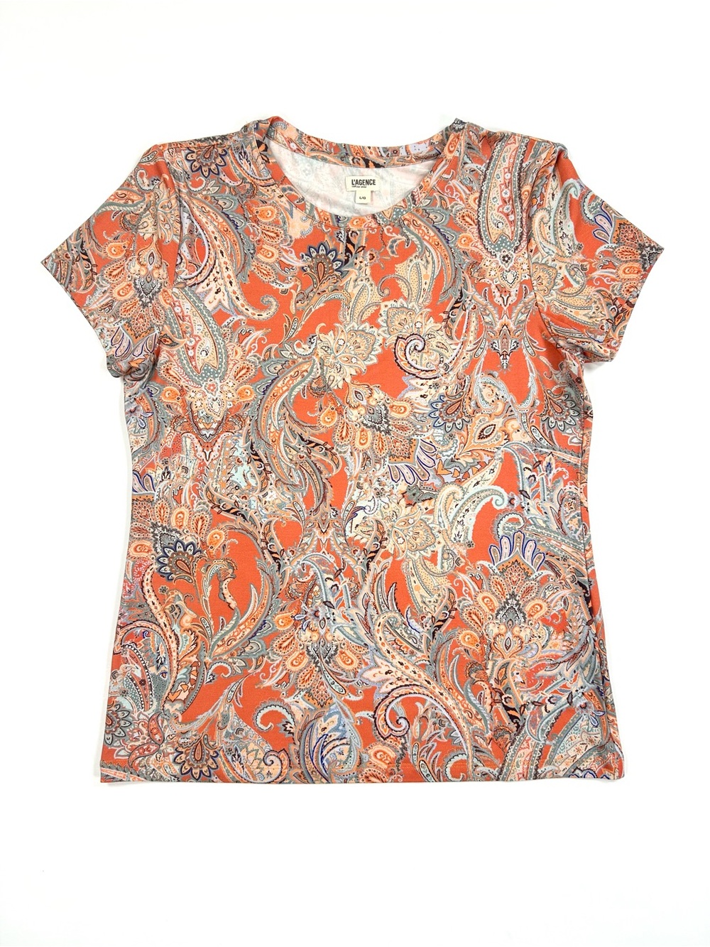 L’agence Ressi Short-Sleeve Paisley Tee Women’s Large Orange Blue Floral T-shirt